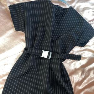 Pretty Little Things black with white Pin-stripe Belted Dress